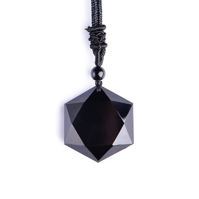 Natural Black Obsidian Flash Light Pendant Gemstone Hexagram Six Star Carving 41mm 61mm Black Obsidian Necklace AAAAA
