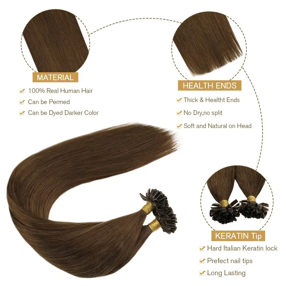 Extensiones de cabello Ugeat con punta en U, extensiones de cabello humano con punta de uña, fusión en caliente, cabello humano Remy Real, cabello