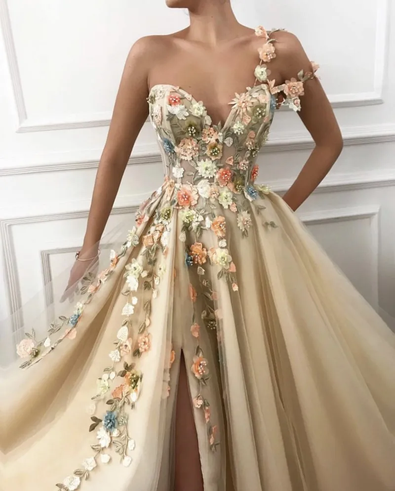 Champagne Split Appliques Flowers Prom Dresses 2023 Women Party Night Long Vestidos Gala Lace Evening Gown A-Line Robe De Soiree