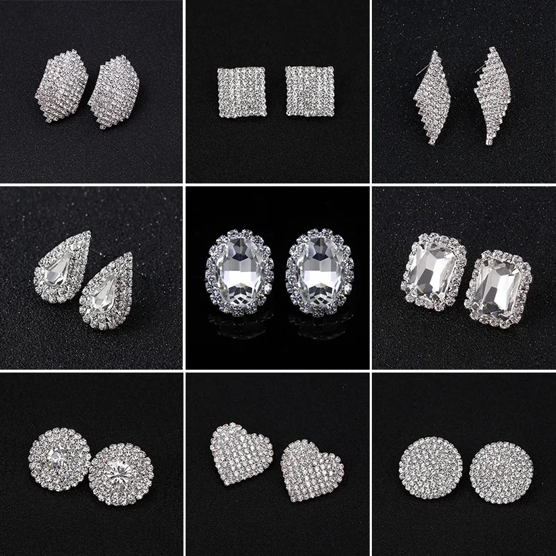 TREAZY New Fashion Crystal Stud Earrings for Women Jewelry Silver Color Rhinestones Wedding Party Geometric Earrings aretes