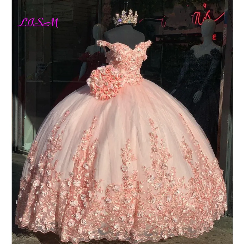 Charming Ballkleid Rosa Quinceanera Kleid Off Schulter Spitze Appliques Perlen Süße 16 Kleid Pageant Kleider vestidos de 15 años