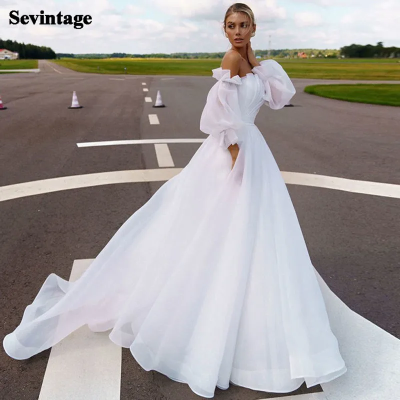 Sevintage 2021 Boho Áo Váy Sexy Hở Lưng Tay Phồng Bãi Biển Cô Dâu Đầm Organza Công Chúa Áo Cưới Plus Kích Thước