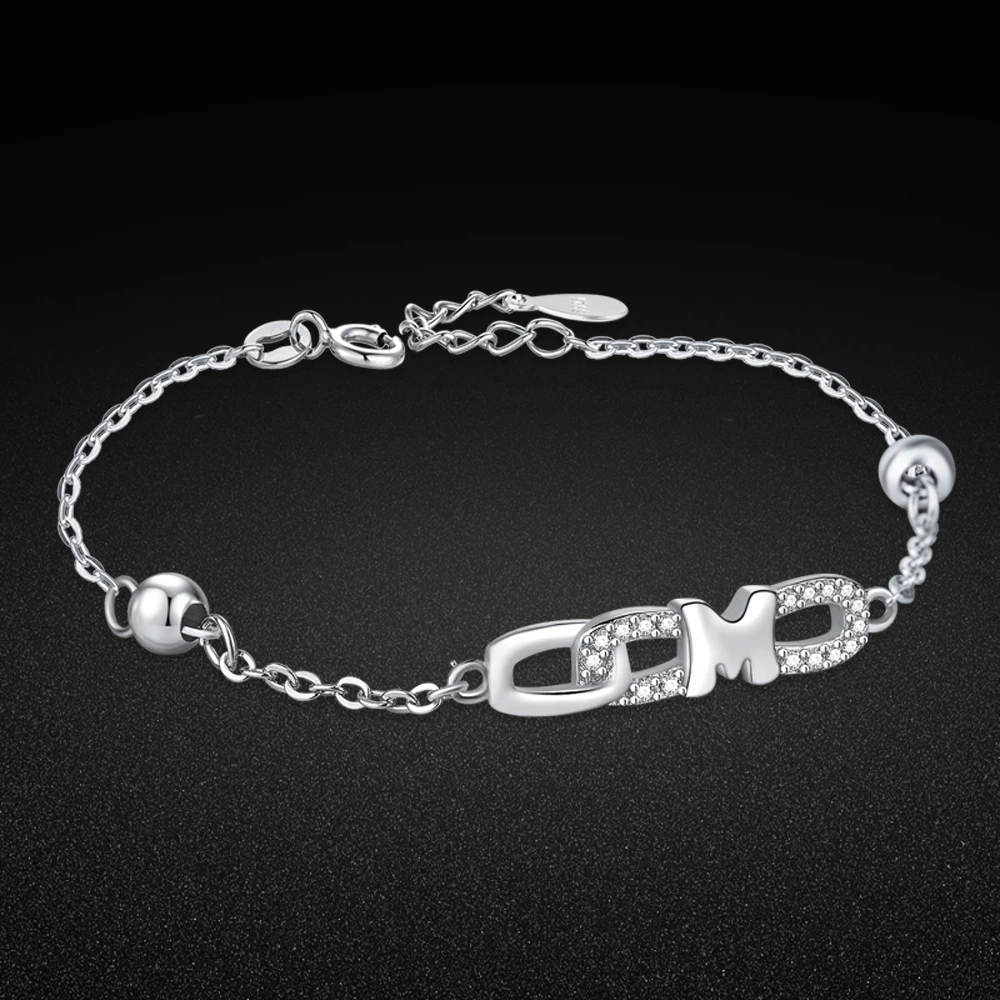 

Vintage 925 Sterling Silver Alphabet Gem Pendant Bracelets for Women Fashion Cuff Bangle Chain Geometric Jewelry Gift