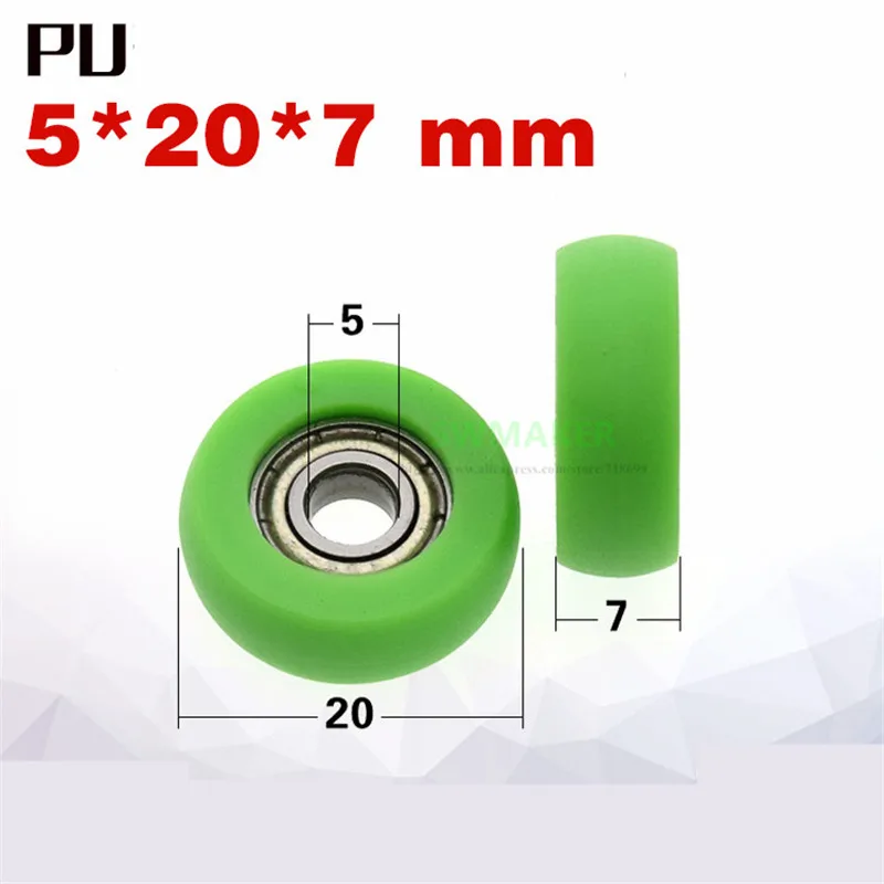 1pcs 5*20*7mm PU rubber wheel, spherical guide wheel, silent roller, 695zz bearing, green color , door and window wheel