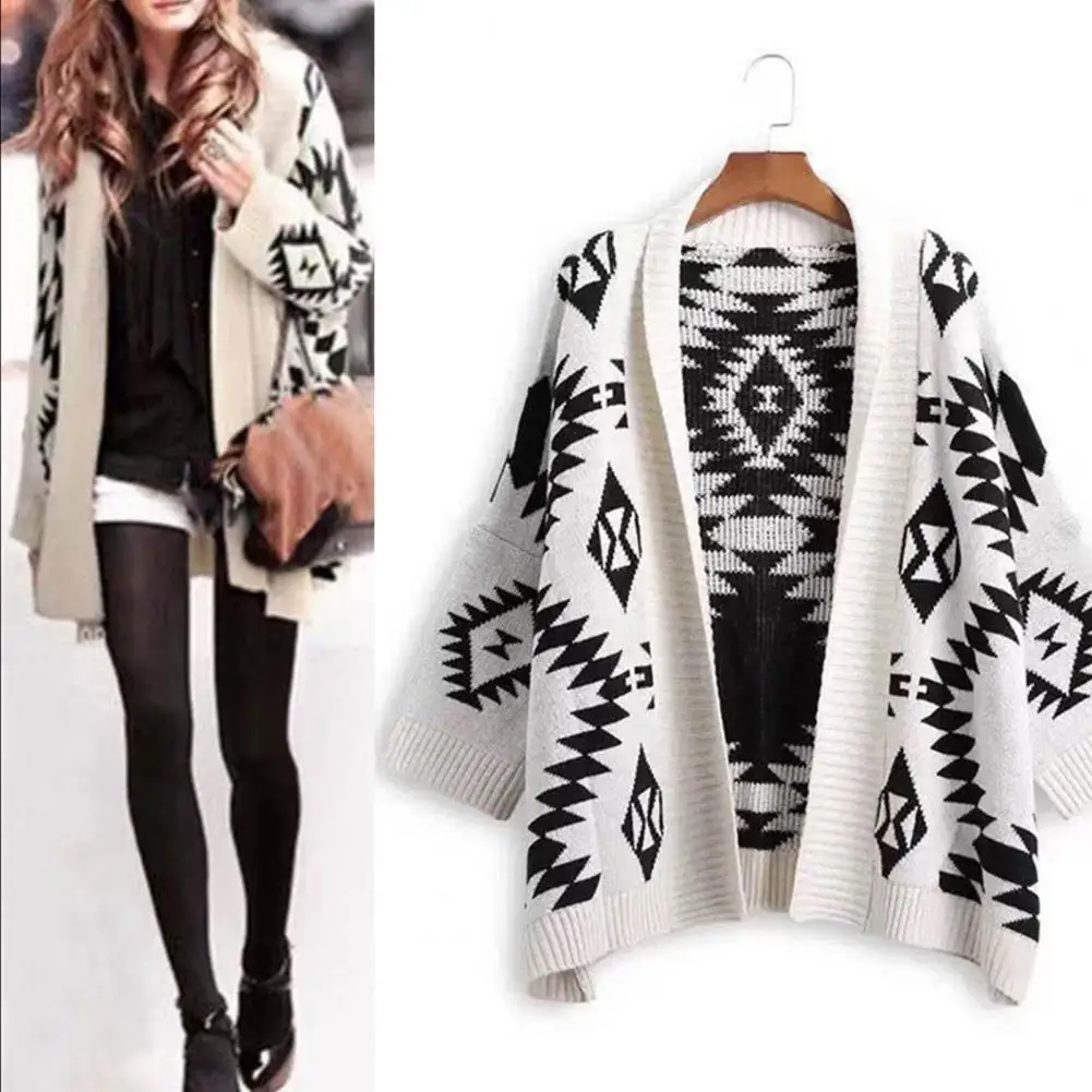 Lady Sweater Coat Cardigan Knitted Casual Ethnic Print Vintage Winter Loose Casual Sweater Jacket Knitwear Korean Fashion