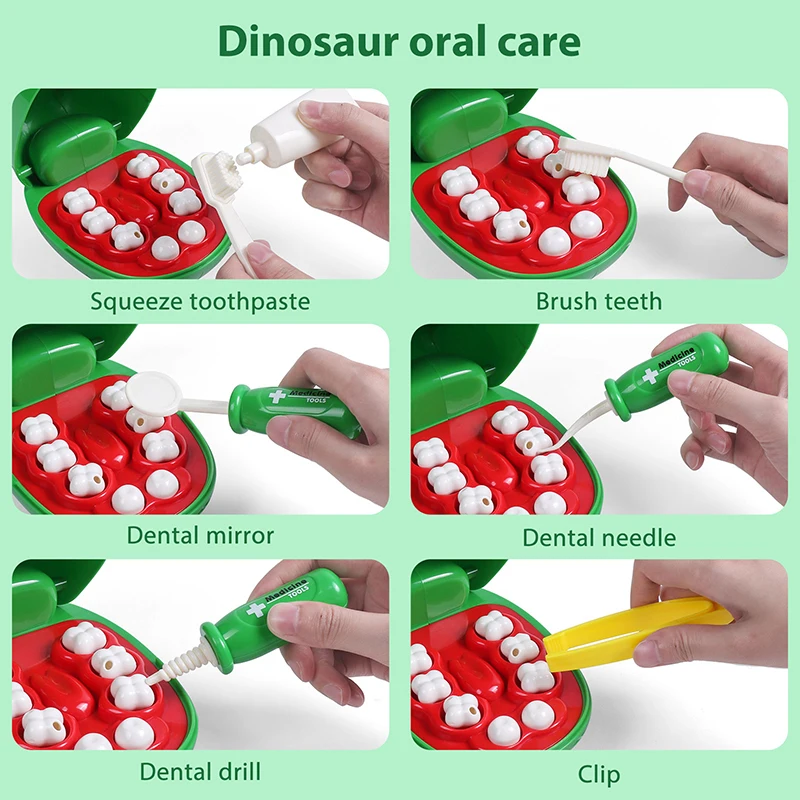 Dinosaurus Tandarts Speelgoed Kit 7 Pcs Fantasiespel Arts Set Cartoon Dier Medische Gereedschap Rollenspel Getrokken Tand Educatief Speeltoestel