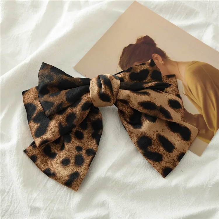 New Fashion Boutique Cloth Leopard Three Layers Big Bow Hairpin Spring Clip Barrettes Women Girls Hair Accessoriesr Headwear