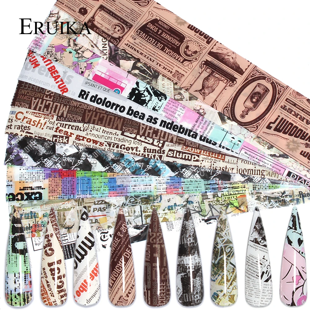 10pcs Newspaper Style Nail Foil Sticker Transfer Foil Adhesive Paper Mix Colorful Decorations for Nails  Nail Tools