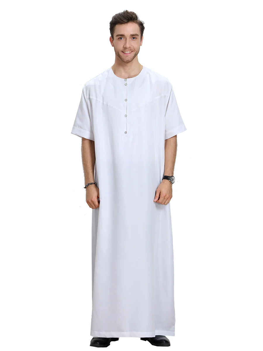 Summer Muslim Moroccan Short Sleeve Islamic Men\'s Round Collar Solid Color Robe Arabic Kaftan Saudi Dubai Clothing Worship Abaya