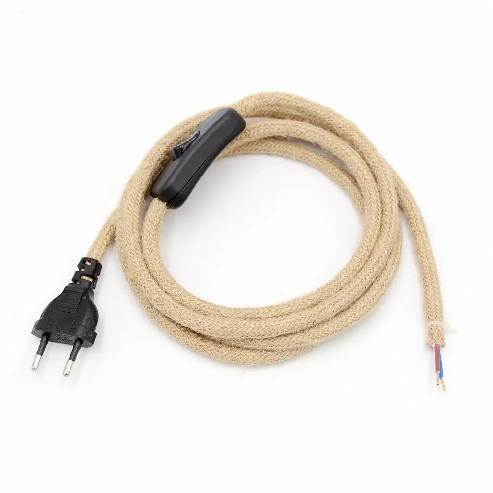 220V AC Euro Plug Power Cord Vintage Hemp Jute Rope Braided Covered With On/off  Switch 2 Meters Long For Wall Lamp Cords Cable