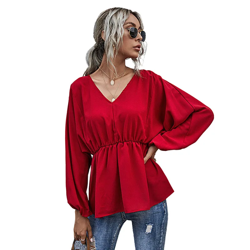 Ladies Blouse Women 2020 Casual V-neck Puff Sleeve Waist Woman Top Long Sleeve Fashion Loose O-Neck Red Shirts Fall Clothes