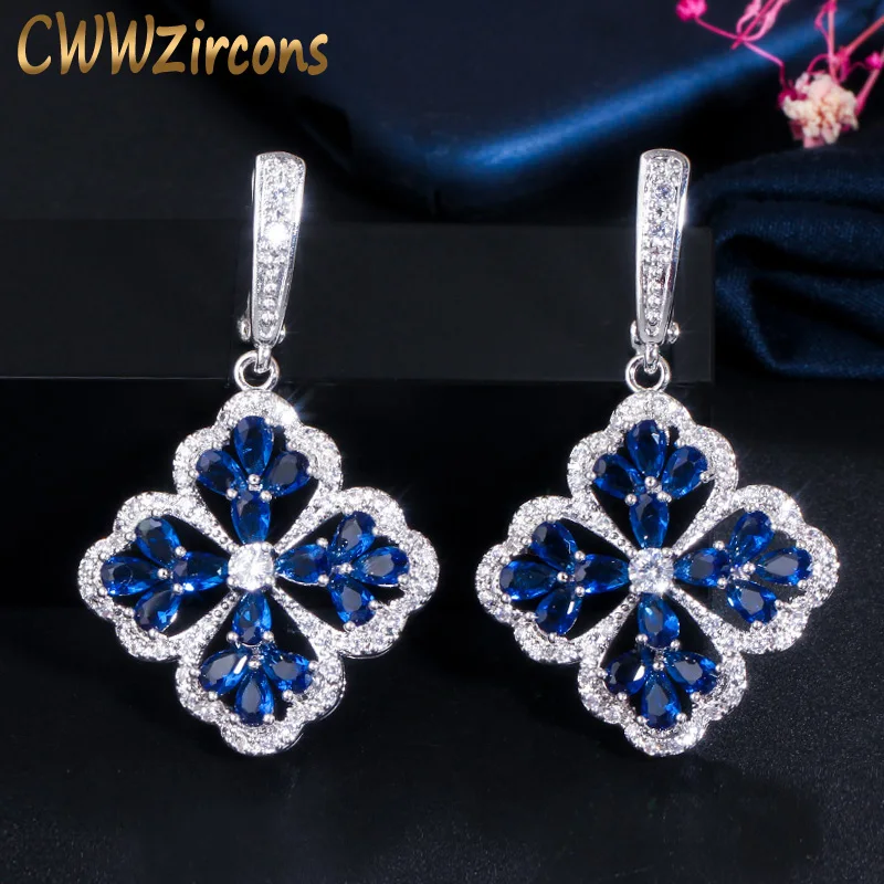 CWWZircons Elegant Beautiful Dangling Snow Flower Royal Blue Cubic Zircon Long Huggie Drop Earrings for Women Accessories CZ698