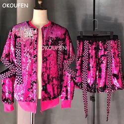 Nightclub bar ds male singer spring pink sequin ribbon hip hop baseball uniform costume  dance stage show jacket