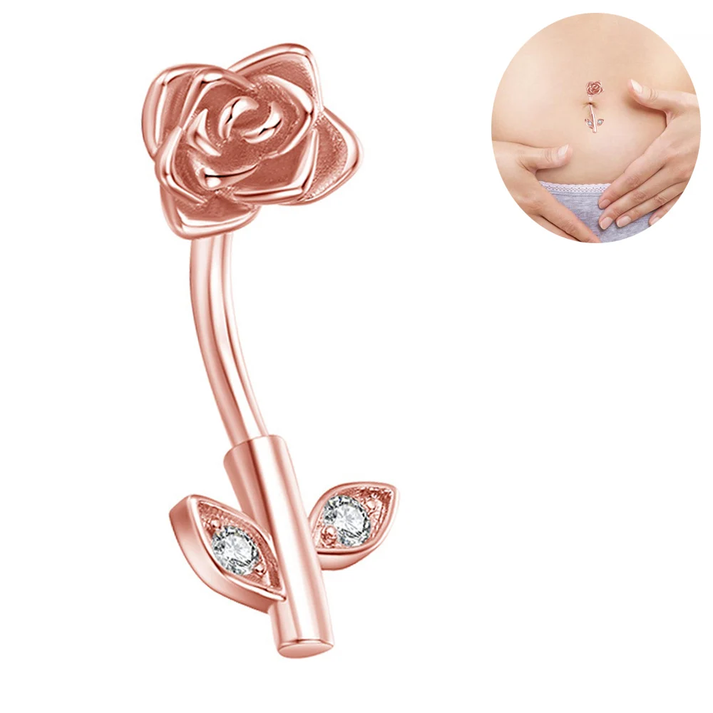 Starose 1Pc Rose Gold Color Crystal Flower Belly Piercing Ombligo Zircon Belly Button Rings Navel Ring Leaf Earring Body Jewelry