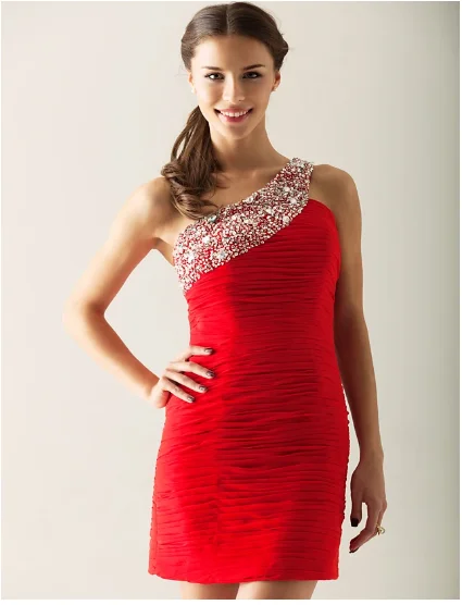 

2025 Red One Shoulder Short Chiffon Homecoming Cocktail Dress Crystals Beading Prom Party Gowns Holiday robe de soriee