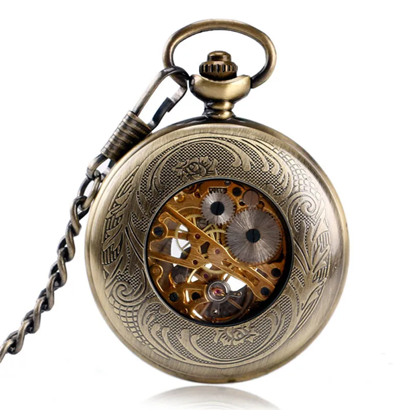 Steampunk Men Women Handwinding Mechanical Pocket Watch Half Hunter Skeleton Clock Roman Numeral Pendant Chain Collectable