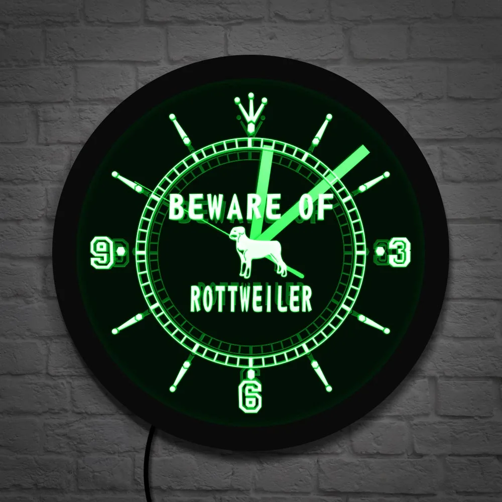 Beware Of Rottweiler Dog LED Neon Effect Wall Clock With LED illumination Light Home Decor Puppy Dog Breeds Rotti Wall Watch