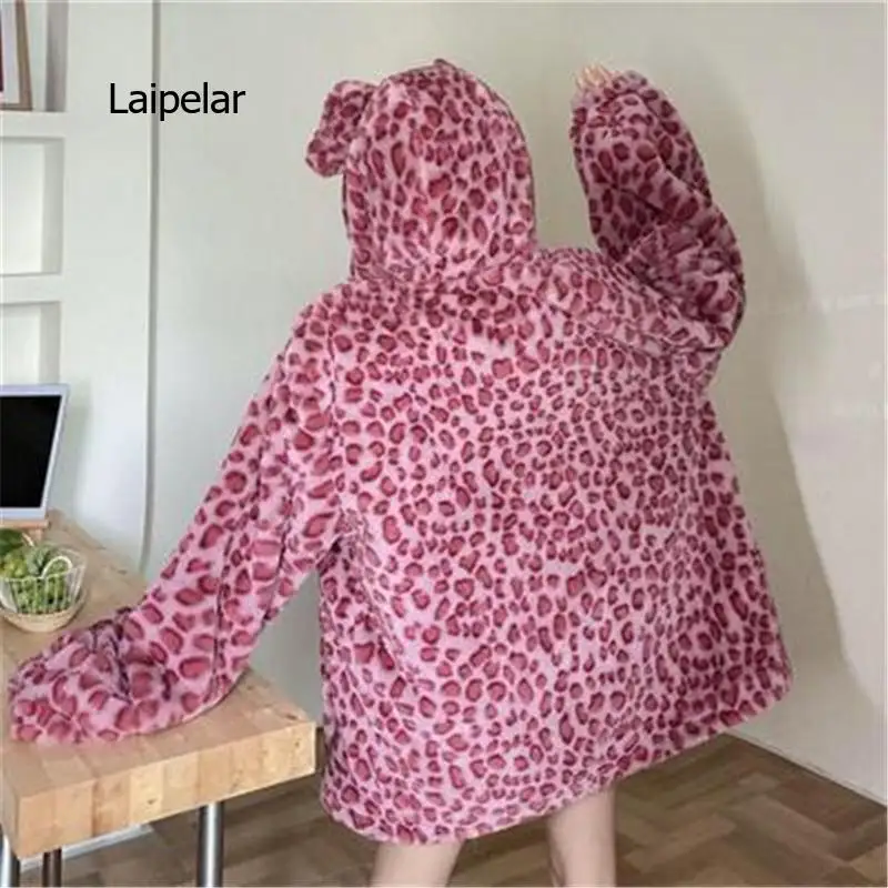 Autumn Winter Women\'s Fur Coats Leopard Think Warm Female Overcoats Loose Woman Hoodies Lady Outerwear Jackets