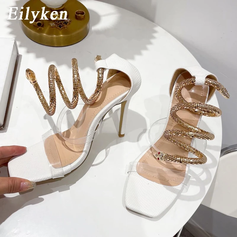 Eilyken Fashion PVC Transparent Snake Pattern Winding Sandals Summer Ankle Strap Wedding Party Thin High Heels Ladies Shoes