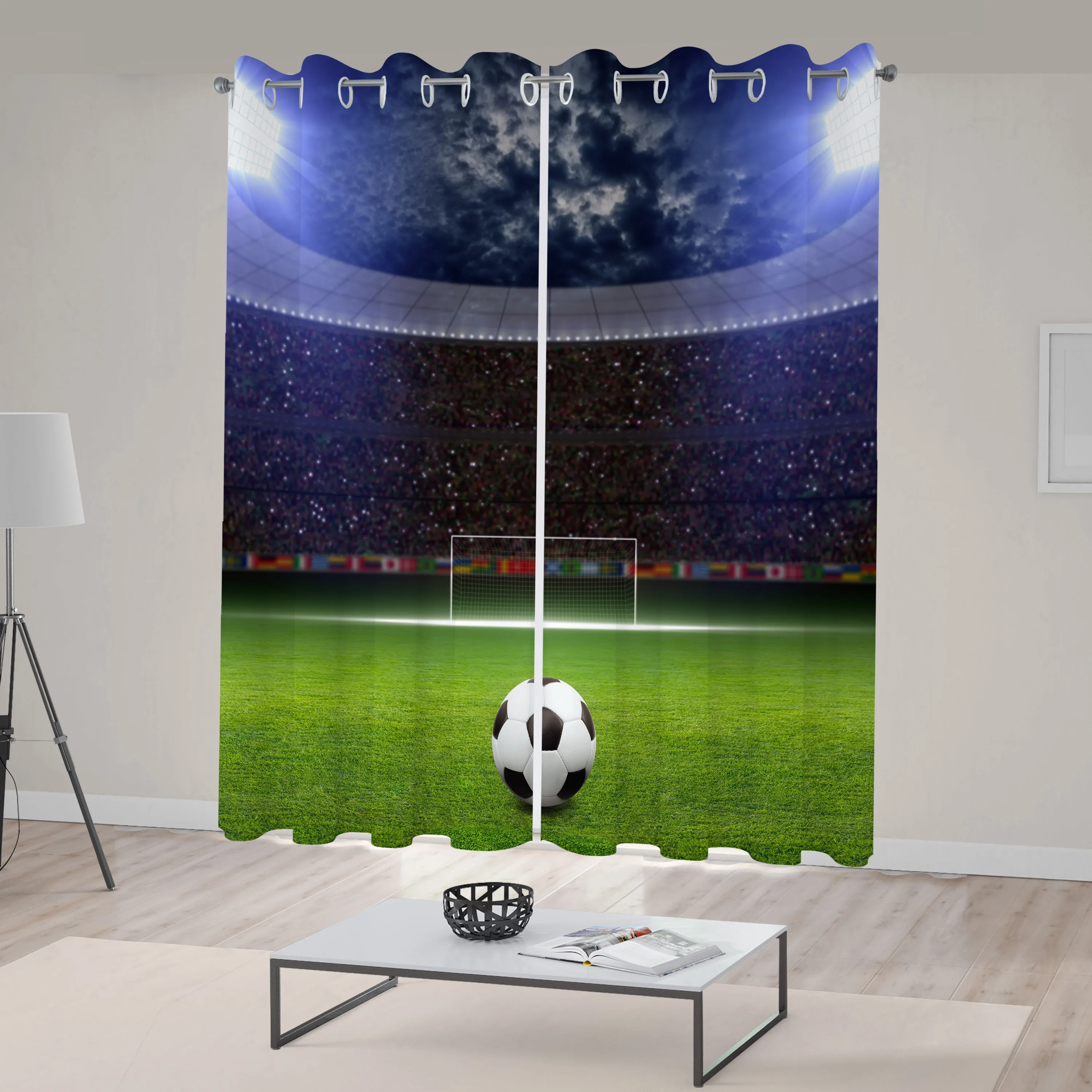 Sports Curtains Soccer Ball on Stadium Arena in The Night Fans Cheering Green Field Living Room Bedroom Window Curtain Navy Blue