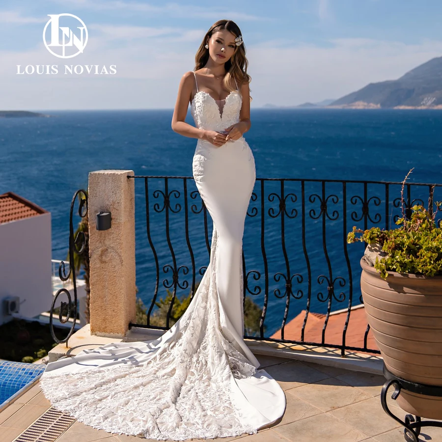

LOUIS NOVIAS атласное свадебное платье русалки элегантное сексуальное свадебное платье на тонких бретельках с открытой спиной и вышивкой бисером милое кружевное свадебное платье