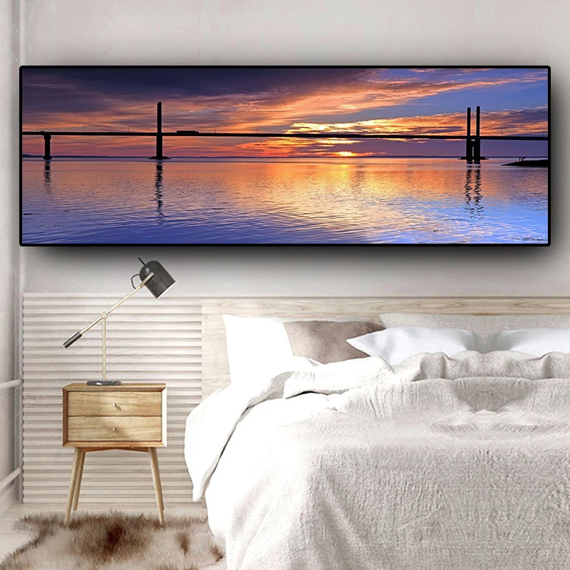 Sunsets Sky Natural Coast Ocean Sea Bridge Landscape Panorama Canvas Painting Posters and Print Wall Art Picture for Living Room