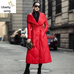 Elegant Winter Long Coat Women Genuine Sheepskin Down Jacket Streetwear Slim Hooded Warm Outerwear Luxury Runway Overcoat S-3XL