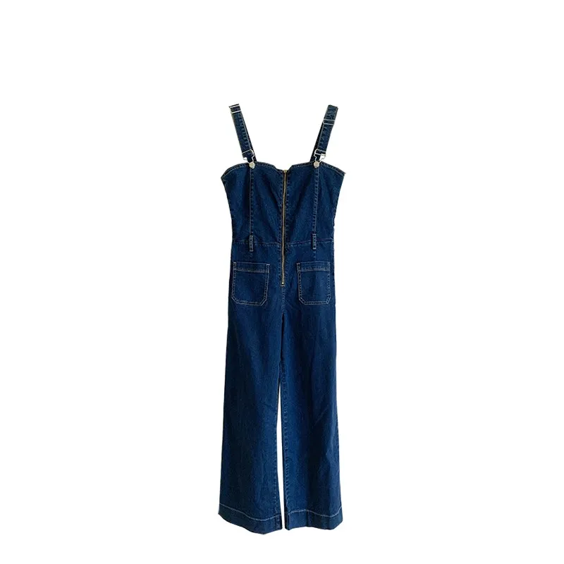 TIYIHAILEY Free Shipping Fashion Denim Blue Long Romper Pants For Women High Quality Jeans Wide Leg Sleeveless Jumpsuits S-XL