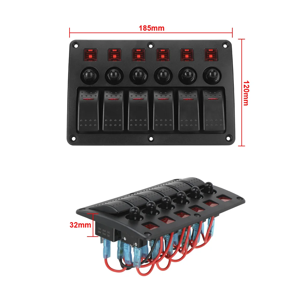 12~24V Circuit Control Car Switch Panel with Sticker Interior Parts 6 Gang Waterproof Marine Rocker Switch Panel LED Light