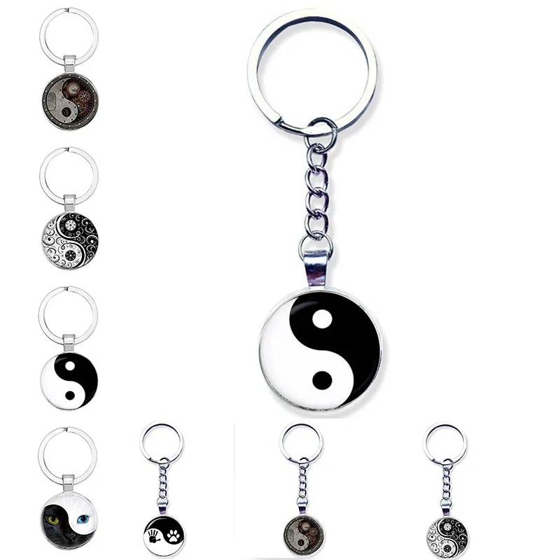 Popular Personality Black And White Yin And Yang Keychain Dog Paw And Baby Handprint Glass Cabochon Wallet Handbag Pendant Tai C