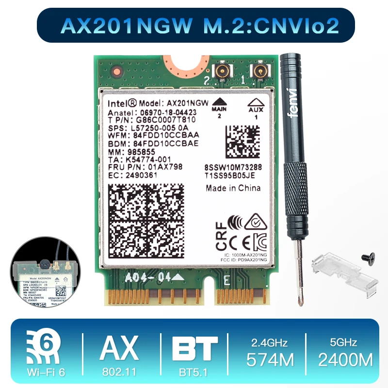 Carte réseau sans fil pour touristes, 2400Mbps, Wi-Fi 6 Intel AX201, pour Bluetooth 5.0, clé NGFF E CNVio 2, AX201NGW, 2.4 mesurz/5 mesurz, 1/802