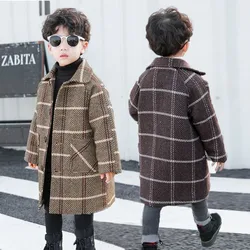 110-170 Boys Woolen Coat For Winter 2021 New Fashion Turn Collar Thick Plus Cotton Warm Overcoat Plaid Jackets High Quality