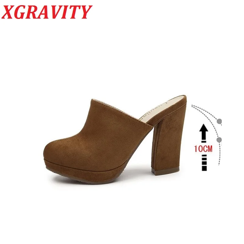 XGRAVITY New Summer Shoes Elegant Fashion Closed Toe Mules 10cm High Heel Height Women Shoes Lady Chunky Slides Female Slippers