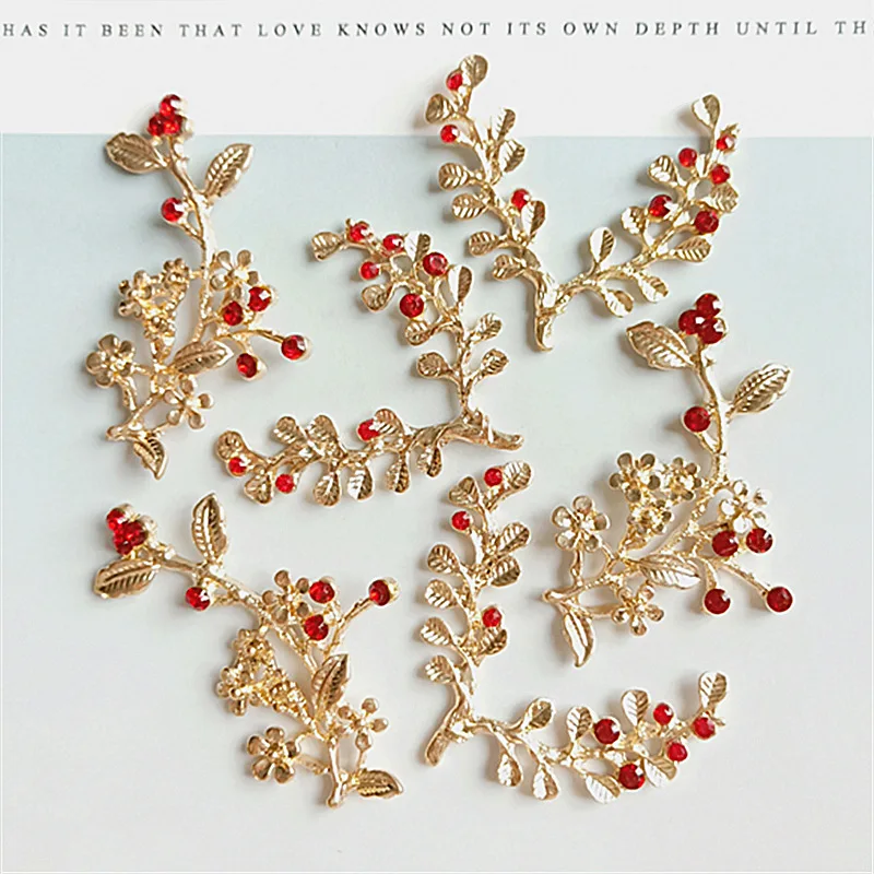 10 Pcs/lot Alloy Branch Gold Red Rhinestone Buttons Pendants Decorative Jewelry Earrings Choker Hair DIY Jewelry Accessories