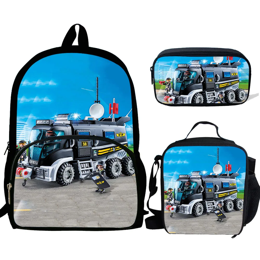 

3pcs/set School Bags For Teen Girls School Backpack Car Police Cartoon Pattern Bookbag Lovely Satchel Withe Pencil bag