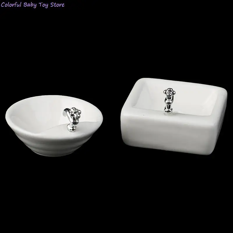 Square Dollhouse Bathroom Sink 1:12 Miniature Ceramic Wash Basin Bathroom Sink Model Simulation Accessory for Dollhouse White