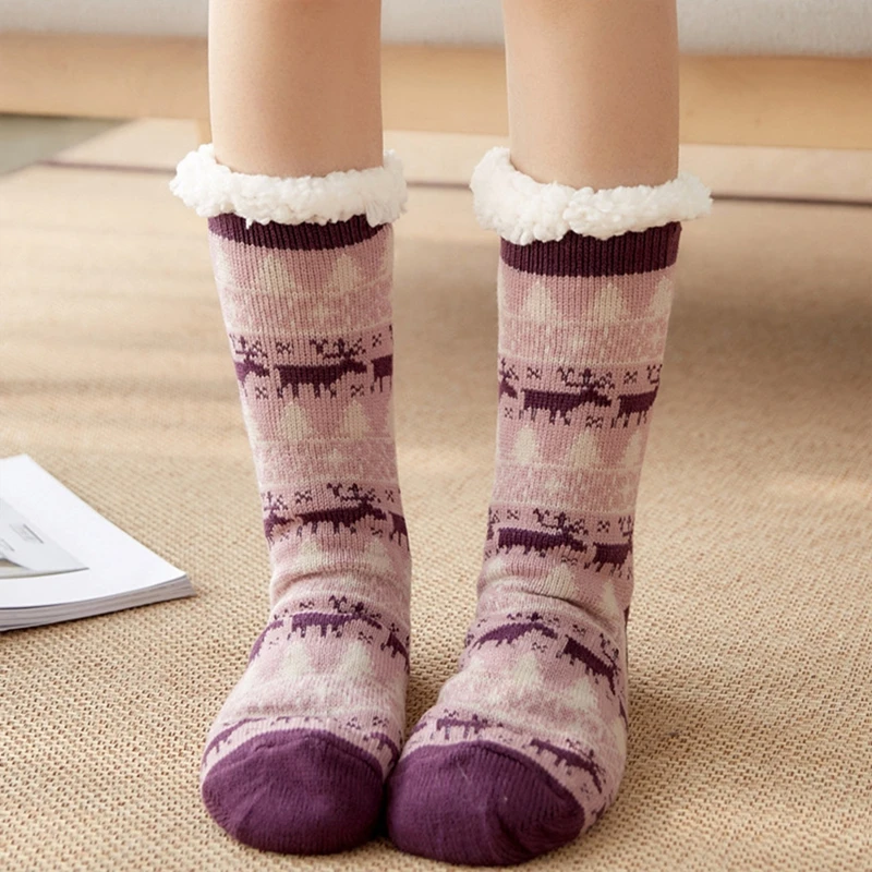 

Women Christmas Socks Warm Socks Reindeer Patterns Fuzzy Fleece Liner Floor Socks with Anti-Slip Sole for Home, 4 Colors