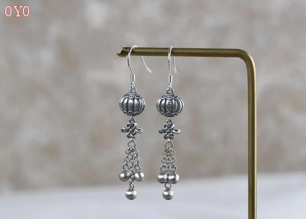 S925 Silver Ruyi Chinese Knot Earrings Women Beaming Lantern Silver Beads Tassel Thai Silver Earrings