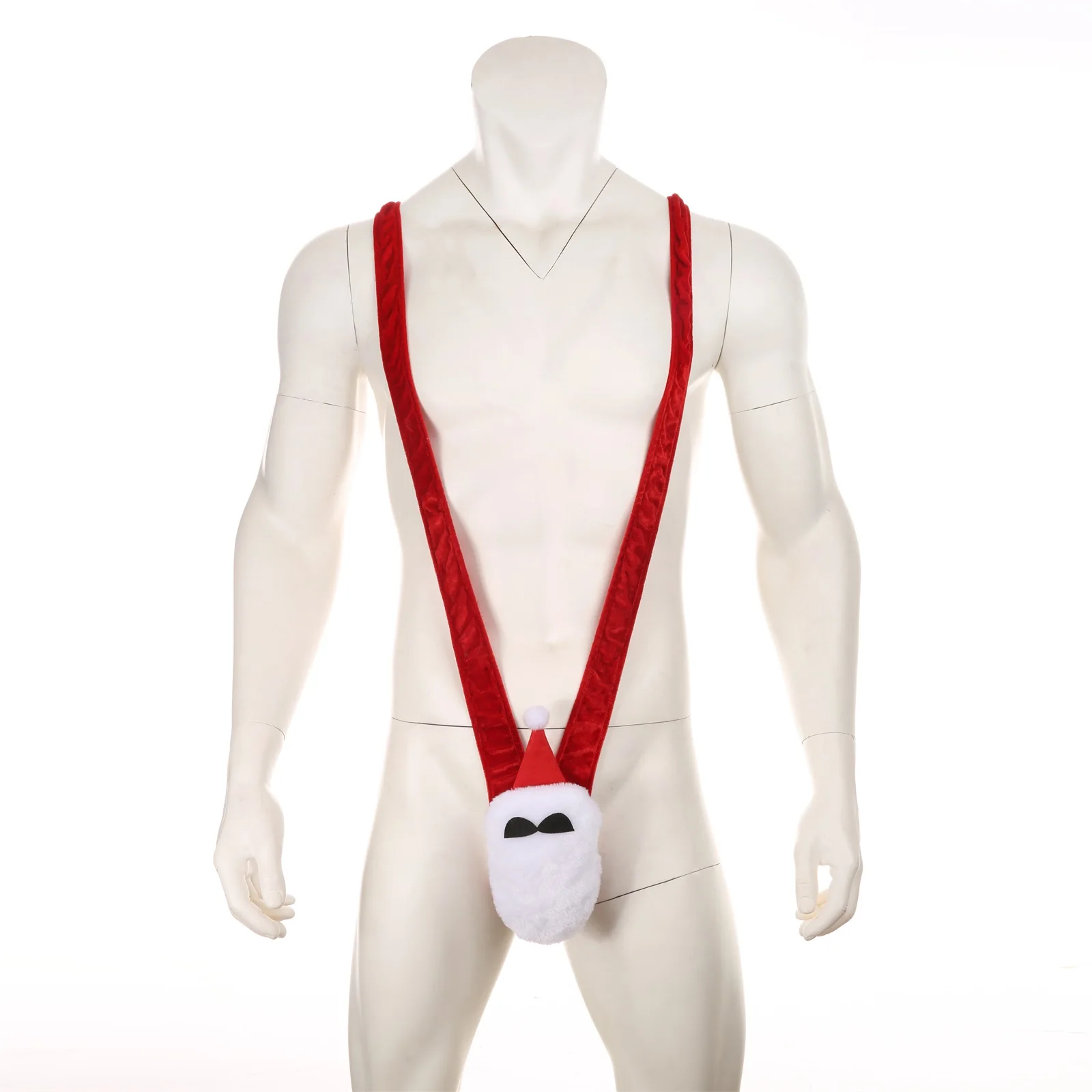 CLEVER-MENMODE Men Sexy One-piece Lingerie Underwear Thong Fluff Penis Pouch Mankini Santa Christmas Costume Erotic Bodysuit