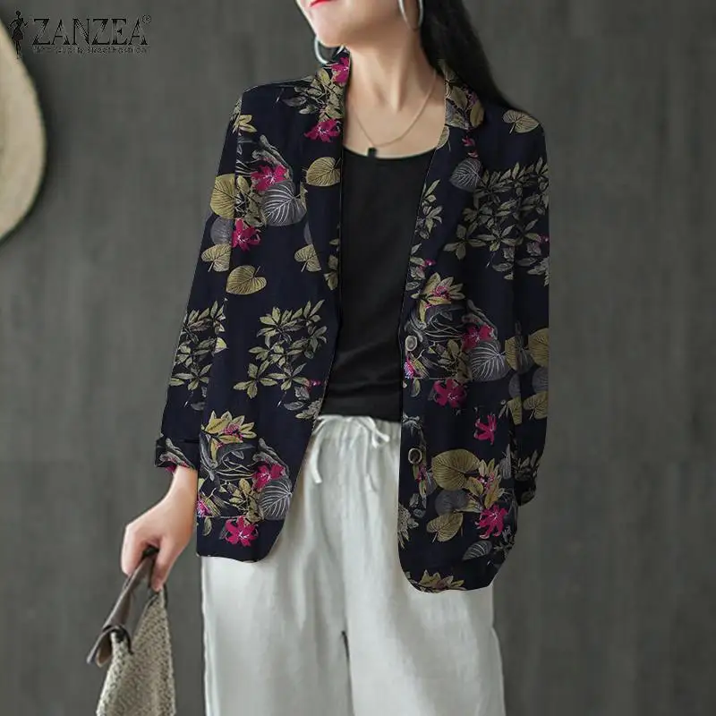 ZANZEA-Chaqueta informal de manga larga con estampado Floral para mujer, chaqueta de gran tamaño con un solo botón, para otoño, 2022