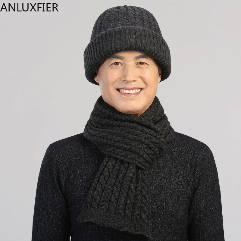 H7144 Man Hat Adult Middle Age Male Winter Knit Wool Cap Elderly Father Grandpa Birthday Present Warm Thicken Scarf Hats Set