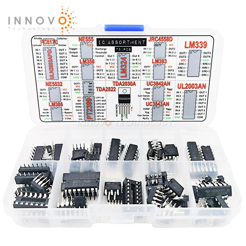 

IC Ассортимент коробка 75 шт. всего PC817C NE555 LM358 LM324 JRC4558D LM393 LM339 NE5532 LM386 PT2399 TDA2822 TDA2030A UC3842A