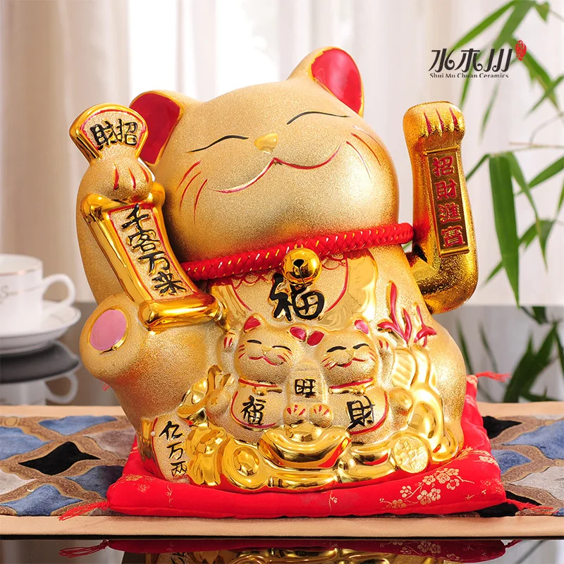 Ceramic Lucky Cat Golden Waving Paw Piggy Bank Shop Home Decoration Gift