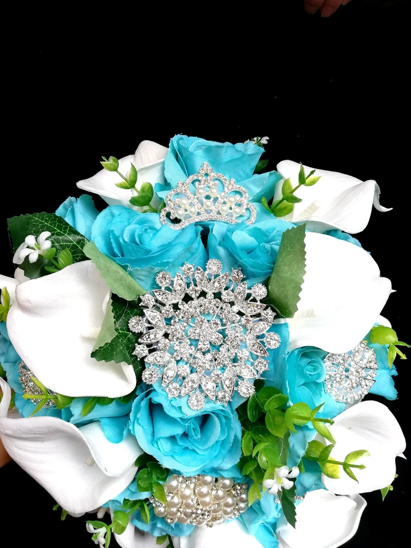 Neue Hochzeit Sammlung See Blau Rosen букет невесты Weiße Calla Lily Bouquet Gelin Buketi Cascading Ramos De Novia Bouquet