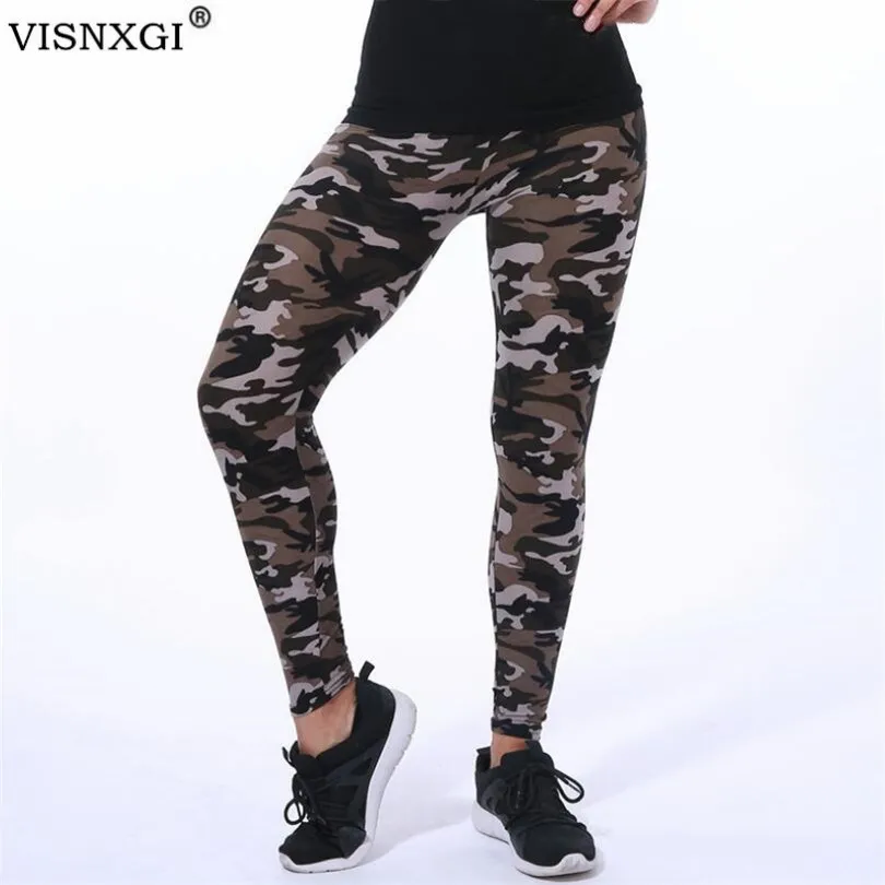 VISNXGI Casual Workout legginsy Push Up moda kamuflaż drukowanie elastyczność Legging Fitness z nadrukiem legginsy na co dzień dla kobiet