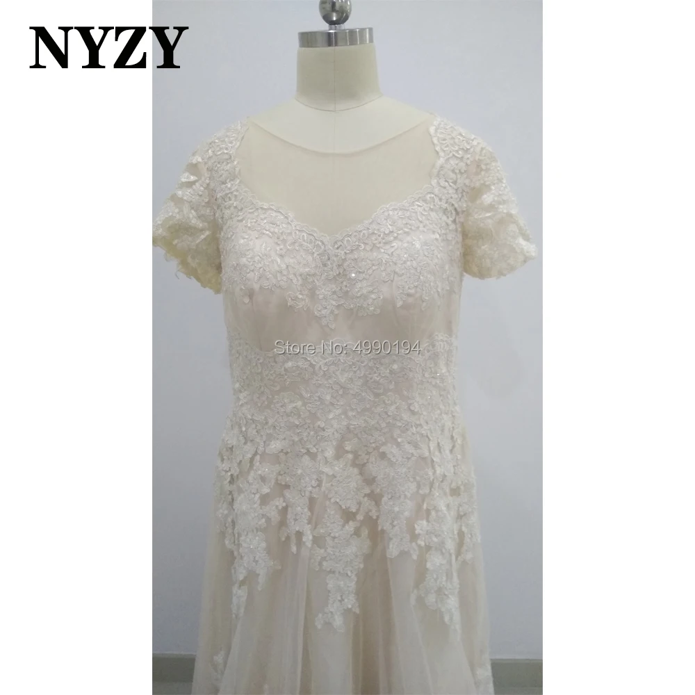 NYZY-vestido de noche Formal para madre de la novia, elegante vestido de manga corta con Apliques de encaje y cuentas, color champán, M307