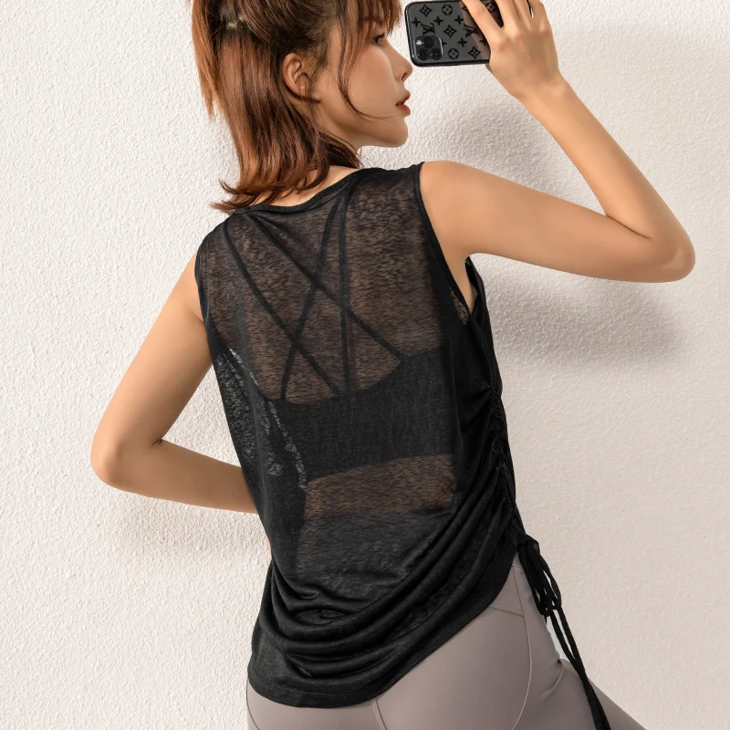 Women Yoga Shirts Loose Thin See-through Sport Vest Quick Dry Sleeveless T-shirt Gym Fitness Running Tank Tops Drawstring Blouse