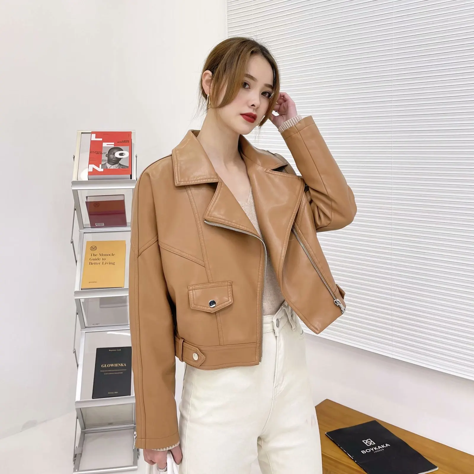 Women Biker Moto Coat New Nice Spring Autumn Loose Zipper Faux Leather Jacket Female Big Pocket Beige Oversize Leather Coats