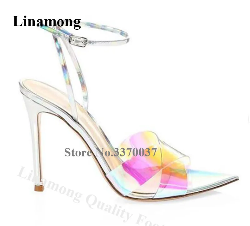 

Linamong Shining Mixed-colors Reflective PVC Stiletto Heel Sandals Pointed Open Toe Fluorescent Transparent High Heel Sandals