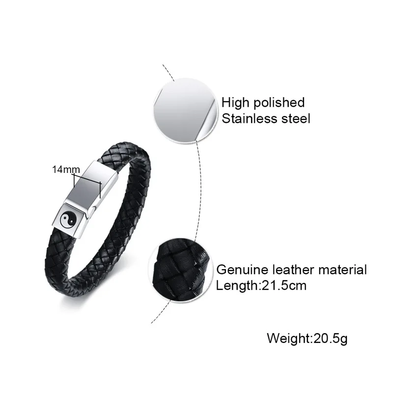 Retro Stainless Steel Tai Chi Gossip Men's Bracelet Black Genuine Braided Leather Cuff Bracelet Men gift Jewelry